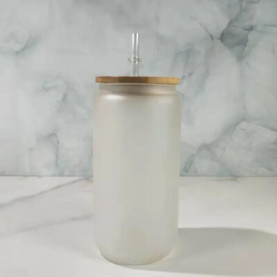 16oz Frosted Glass Cup with bamboo lid+straw